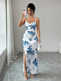 Blue Floral Halter-neck Elegant Bodycon Off-shoulder Long Dress
