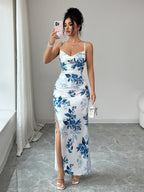 Blue Floral Halter-neck Elegant Bodycon Off-shoulder Long Dress