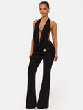 Halter Neck Collar Backless Tie-up Top Metal Buckle Flared Trousers 2-piece Sets