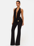 Halter Neck Collar Backless Tie-up Top Metal Buckle Flared Trousers 2-piece Sets