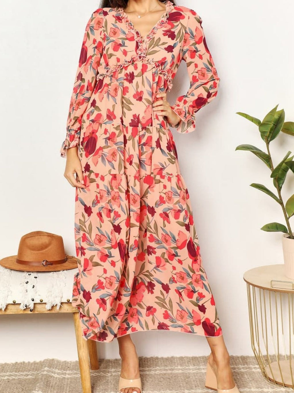 Floral Print V-neck Lantern Sleeves Maxi Dresses