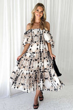 Botanical Floral Print Off Shoulder Smocked Puff Sleeve Tiered Midi Dress