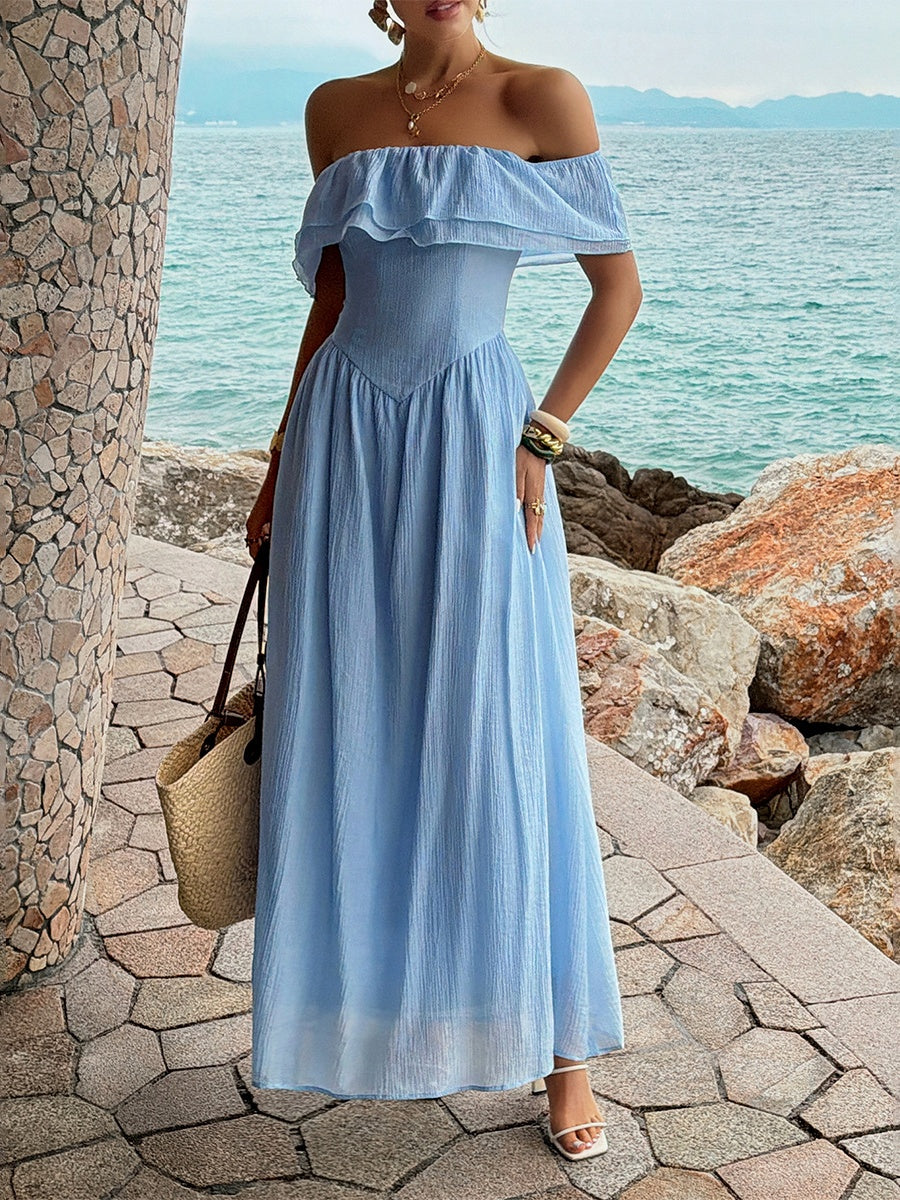 Blue Resort-style Strapless Off-shoulder Long Dress