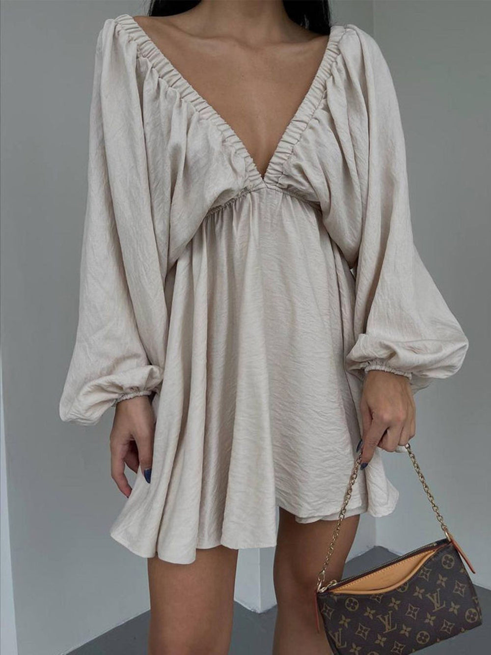 Deep V Neck Lantern Sleeve Pleated Waist Belted Mini Dress