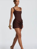 Square Collar High Waist Pleated Parties Cocktail Party Fishbone Decoration Satin Short Dress