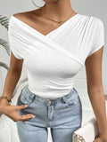 Pleated Asymmetrical Collar V-neck Short-sleeved T-shirt