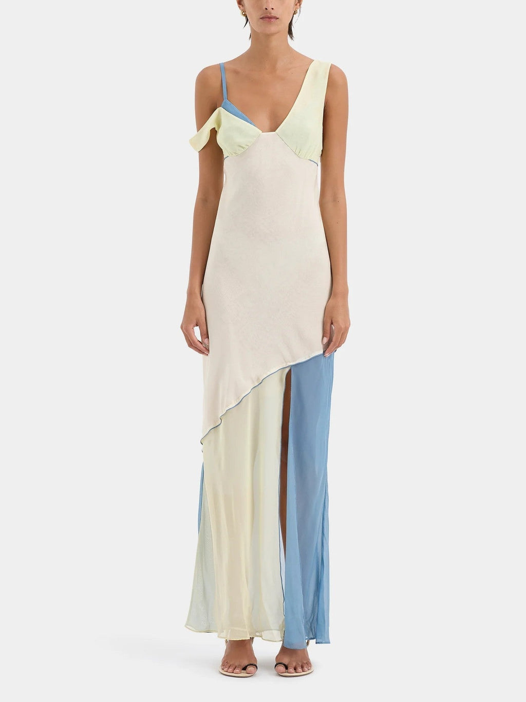 Asymmetric Collar Contrast Panel Thigh Slit Sleeveless Maxi Dress
