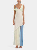 Asymmetric Collar Contrast Panel Thigh Slit Sleeveless Maxi Dress