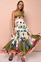 Spaghetti Strap Square Neck Botanical Fruit Print Scalloped Hem Midi Dress