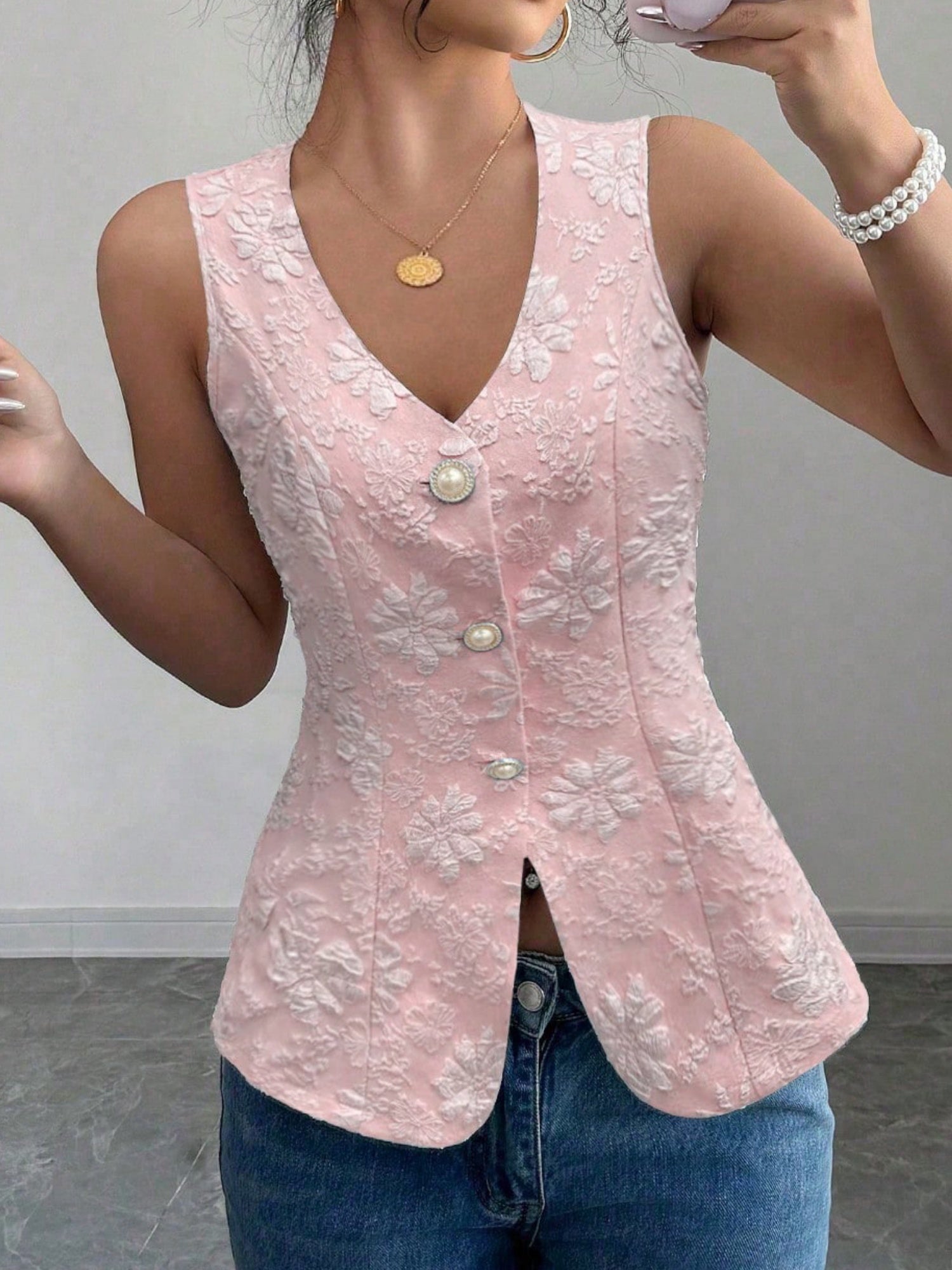 Jacquard Pearl Buttons V-neck Sleeveless Tank Tops&Camis