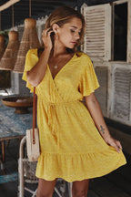 Ditsy Floral Print Surplice V-Neck Flutter Sleeve Drawstring Waist Ruffle Hem Mini Dress