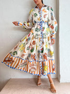 Tropical Fruit Seafood Print Collared Lantern Sleeve Tie Waist Maxi Shirt Dress