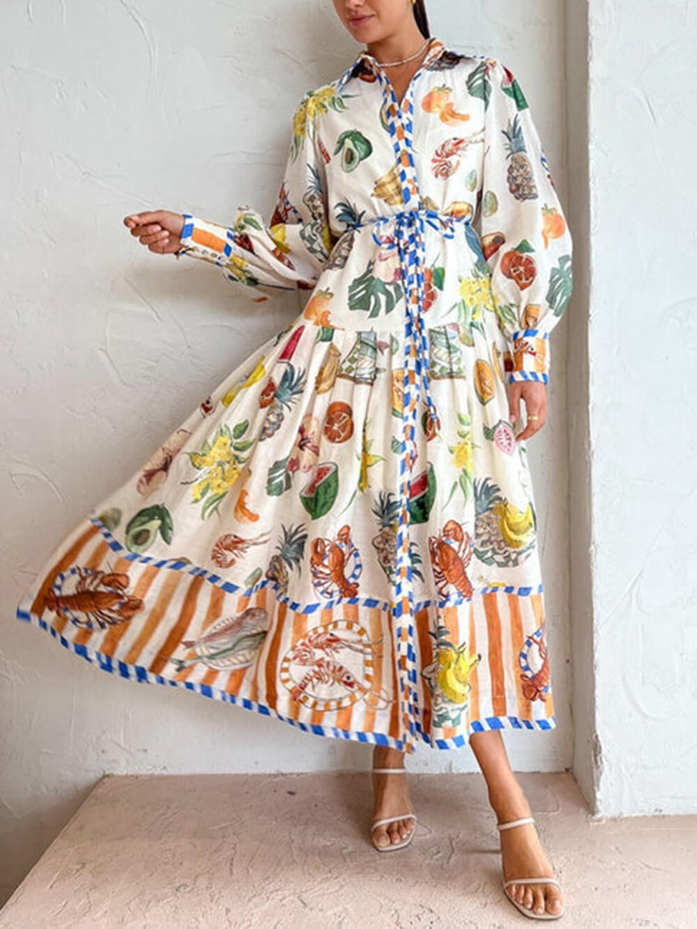 Tropical Fruit Seafood Print Collared Lantern Sleeve Tie Waist Maxi Shirt Dress