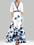 Pattern Printed Temperament V-neck Lace Up Large Skirt Maxi Dresses