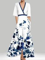 Pattern Printed Temperament V-neck Lace Up Large Skirt Maxi Dresses
