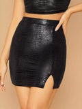 Black Imitation Snakeskin Pattern Leather High Waist Tight Fit Slits Skirts