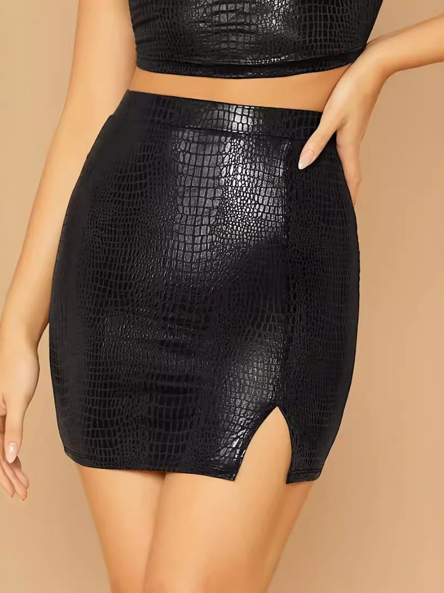 Black Imitation Snakeskin Pattern Leather High Waist Tight Fit Slits Skirts