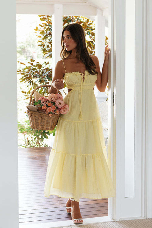 Spaghetti Strap Keyhole Bust Side Waist Cut Out Tiered Maxi Dress