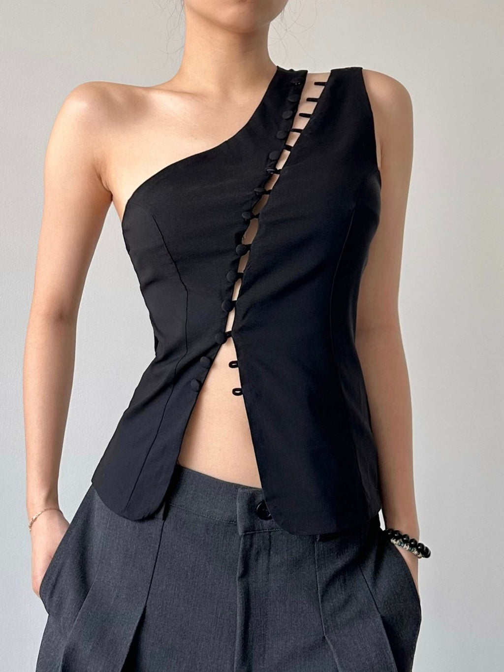 Hollow Out Asymmetrical Collar Buttons Tank Tops
