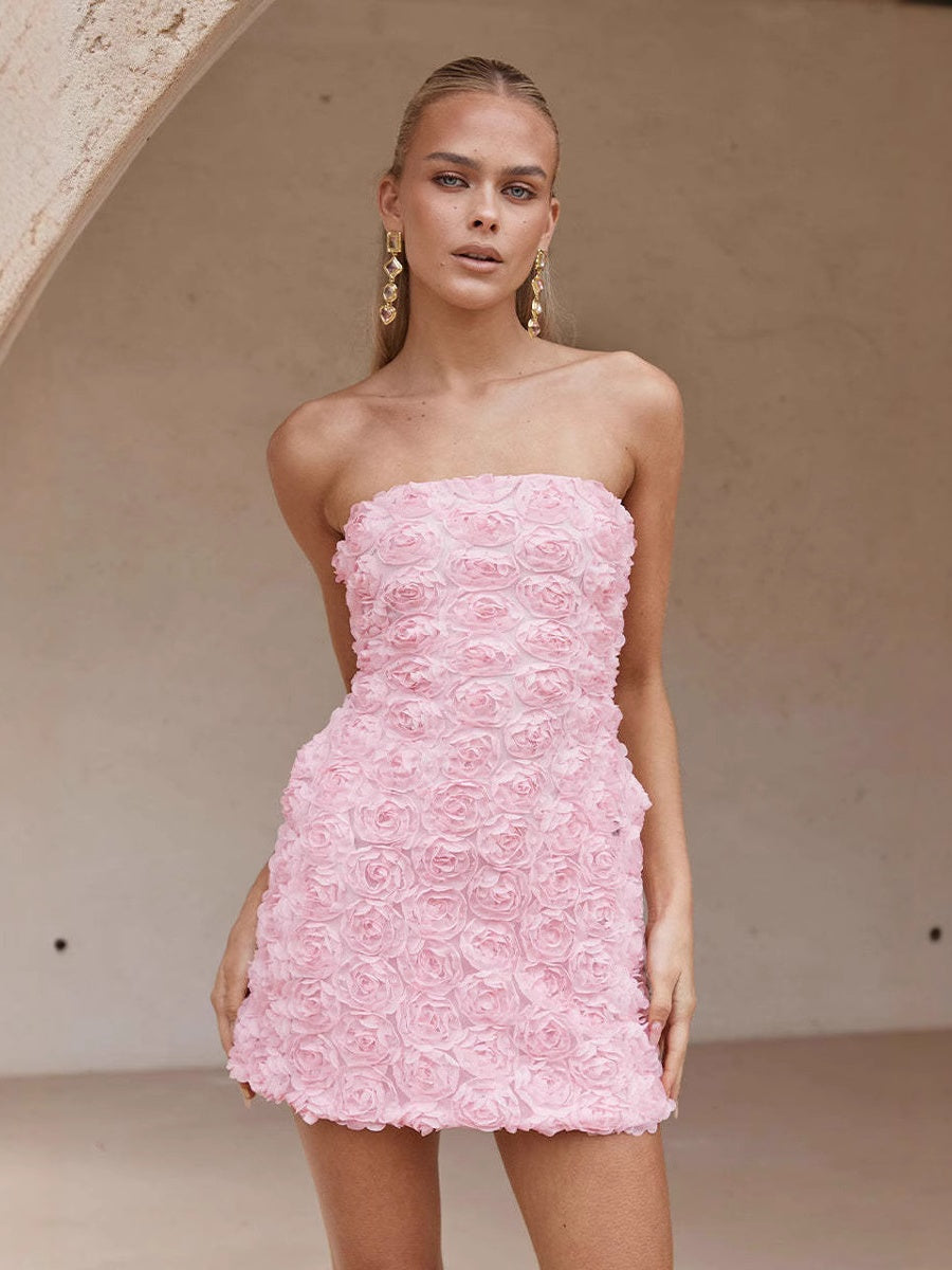 Versatile 3D Floral Strapless Bodycon Mini Dress