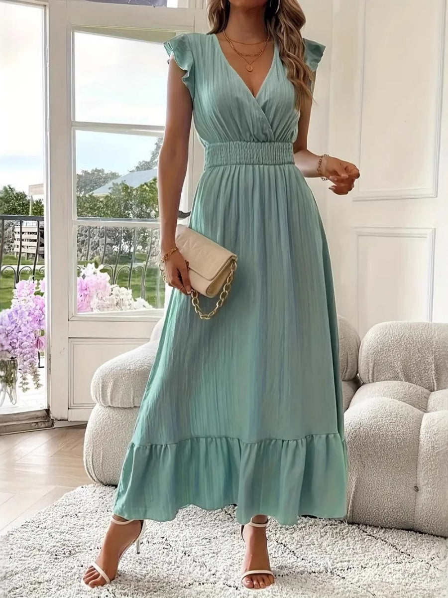 Solid Color Patchwork V-neck Long Dress