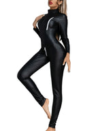 PU Leather Zipper Open Crotch Long Sleeves Jumpsuits