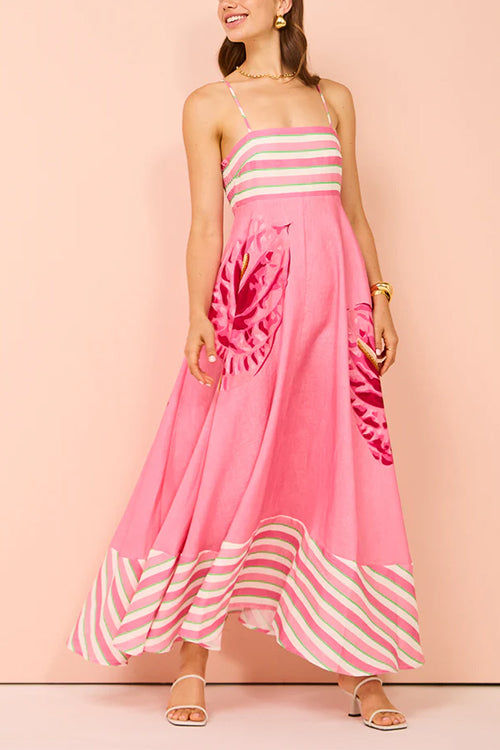 Backless Stripes Splice Floral Print Swing Maxi Cami Dress