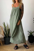 Color Block Casual Cotton Linen Maxi Beach Dress