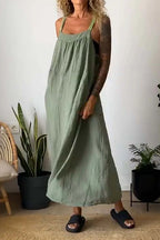 Color Block Casual Cotton Linen Maxi Beach Dress