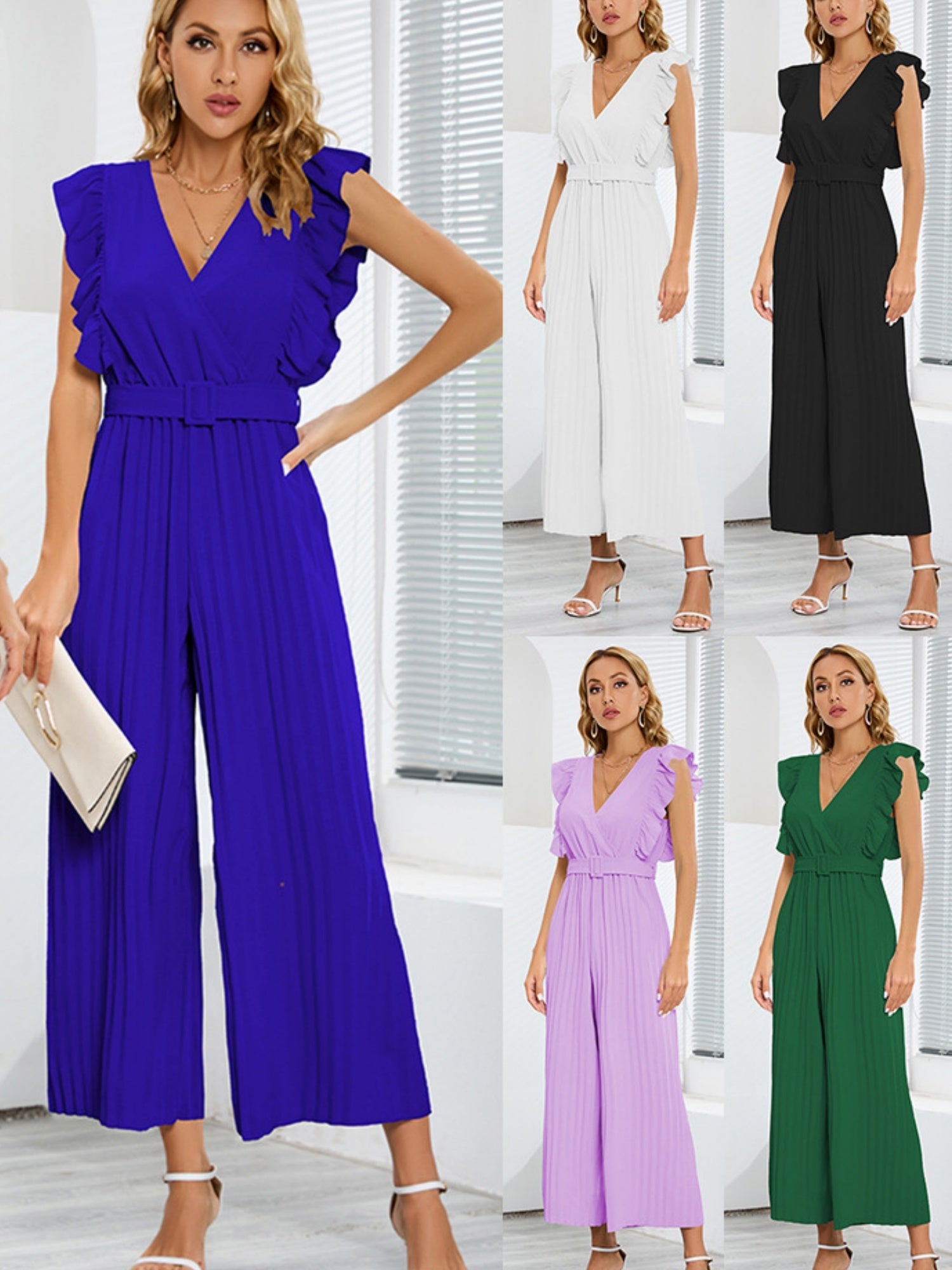 Ruffled V-neck High-waisted Sleeveless Pleated Belt Jumpsuits