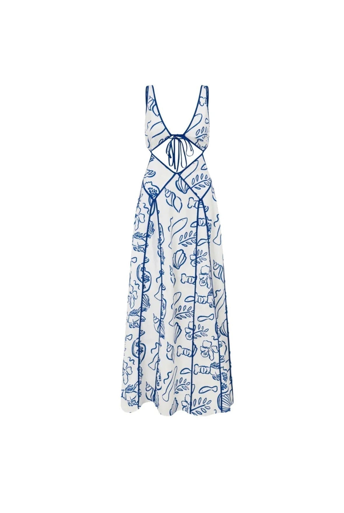 Nautical Print Tie Front Cut Out Side Panel Maxi Dress