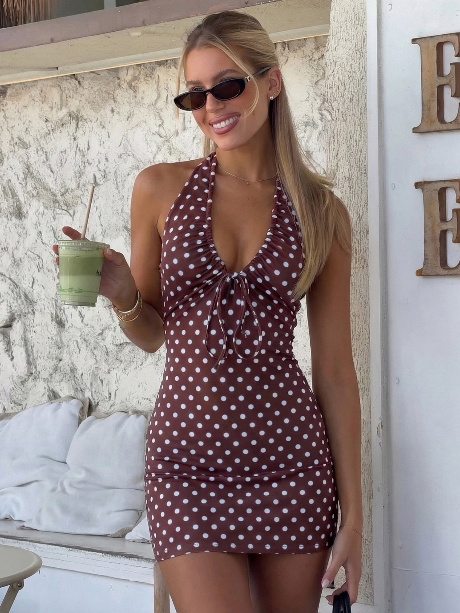 Polka Dots Neck Strap Slim Fit Hip Body Mini&Short Dresses