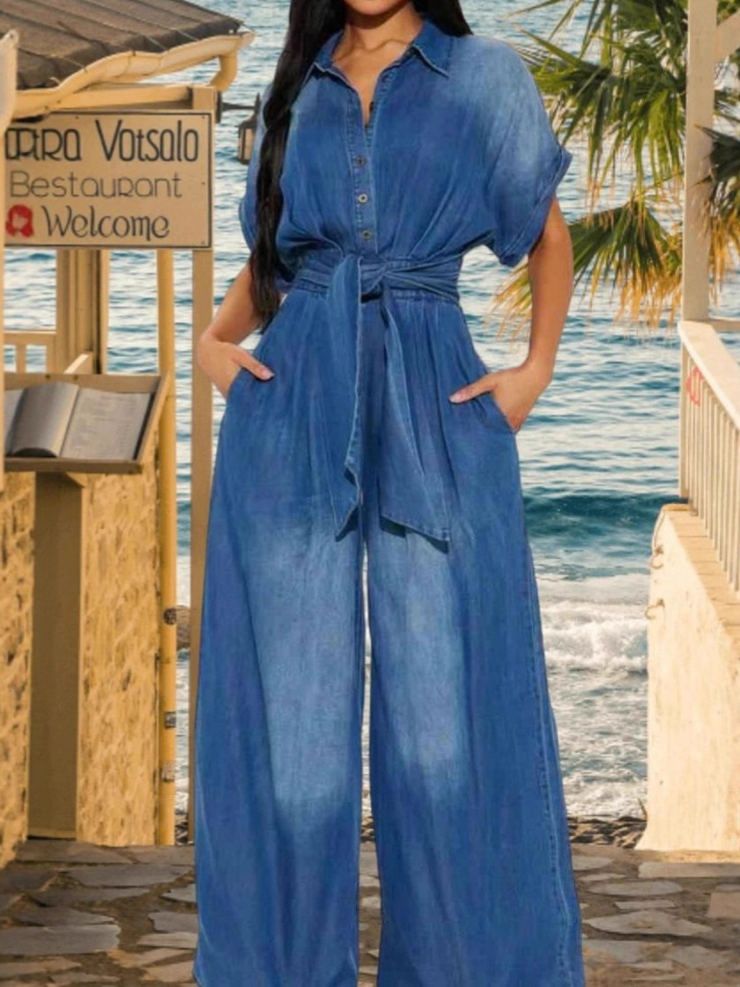 Collared, Fitted Waist, Floor-length Wide-leg Denim Jumpsuit