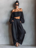 Solid Color Off-shoulder Long-sleeved Top And Wide-leg Pants Two-piece Set
