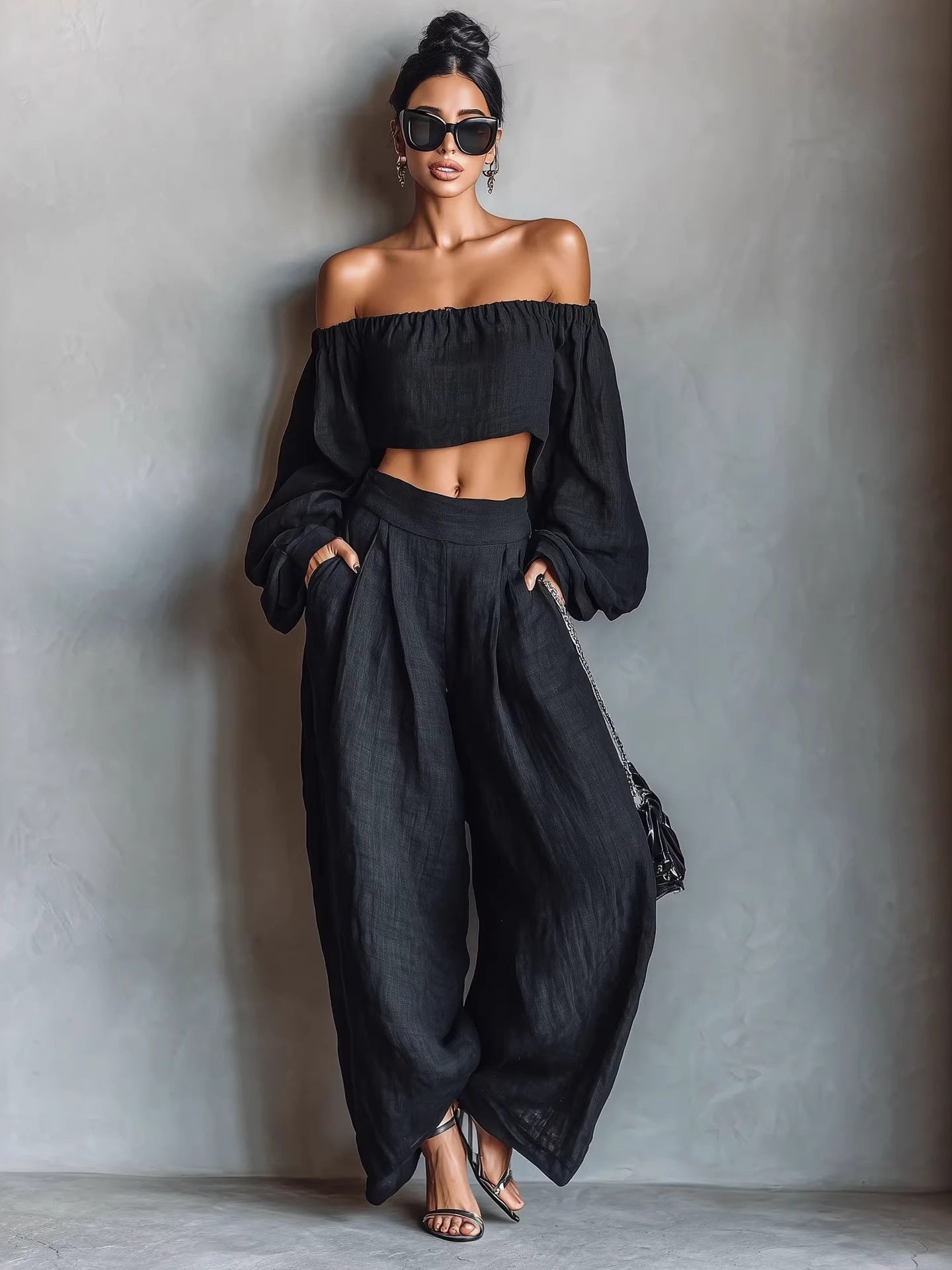 Solid Color Off-shoulder Long-sleeved Top And Wide-leg Pants Two-piece Set