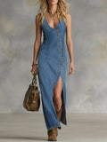 Button-front Sleeveless Denim Maxi Dress