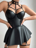 PU Leather Hollow Out Halter Neck Waist Shaping Sexy Mini&Short Dresses