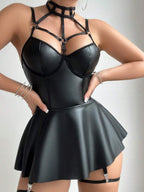 PU Leather Hollow Out Halter Neck Waist Shaping Sexy Mini&Short Dresses