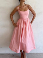 Sexy Fitted Waist Pleated Solid Color Full Skirt Halter Long Dress
