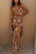 Cowl Neck Open Back Printed Maxi Dress with Scarf