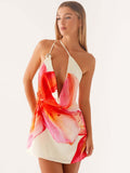 One-shoulder Floral Print Halter Dress With A Flared Neckline