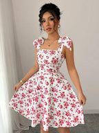 Waist V-neck Bandage Camisoles Printed Vacation And Leisure Mini&Short Dresses