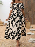 Ruffled Leaf Print Off-Shoulder Long Dress