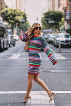Striped Crochet Knit Crew Neck Bell Sleeve Mini Dress