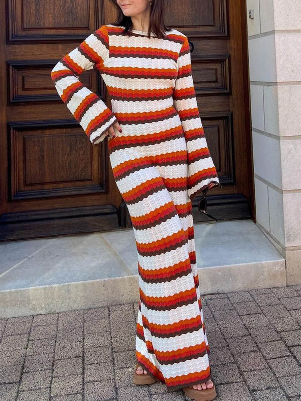Crew Neck Wavy Stripe Bell Sleeve Knit Maxi Dress