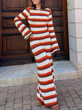 Crew Neck Wavy Stripe Bell Sleeve Knit Maxi Dress
