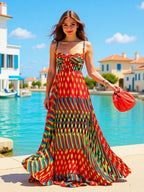 Color-blocked Print Spaghetti Strap Maxi Skirt Maxi Dresses