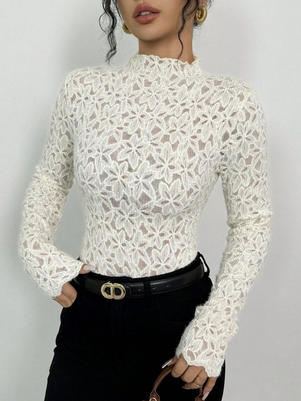 Lace Flowers Perspective High Collar Slim Fit Long-sleeved T-shirt