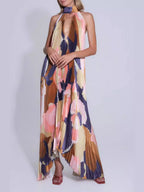 V-neck Halter-neck Backless Sleeveless Printed Pleated Maxi Dress