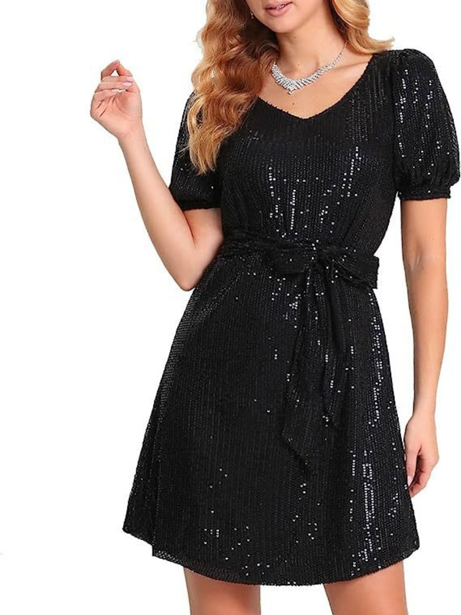Short Sleeve Loose-fit Lace Up Sequins Temperament Mini&Short Dresses